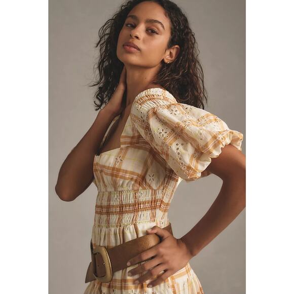 NWT By Anthropologie Puff-Sleeve Eyelet Midi Dress $188 X-SMALL Yellow - Picture 2 of 5